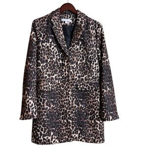 New York & Company 90's Leopard Print Winter Coat Large Snap Buttons Knee Length